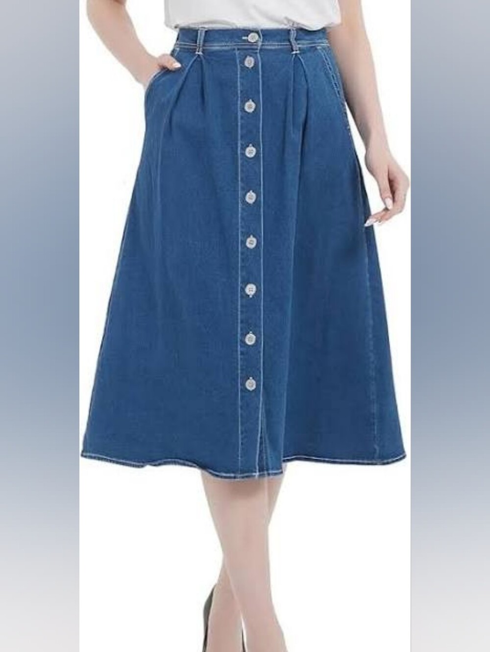 Denim Button-Front Midi Skirt - Blue
